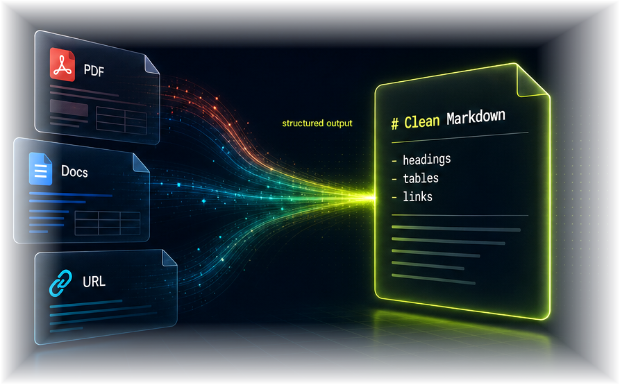 PDFs, documents, and links flowing through a conversion field into clean Markdown.